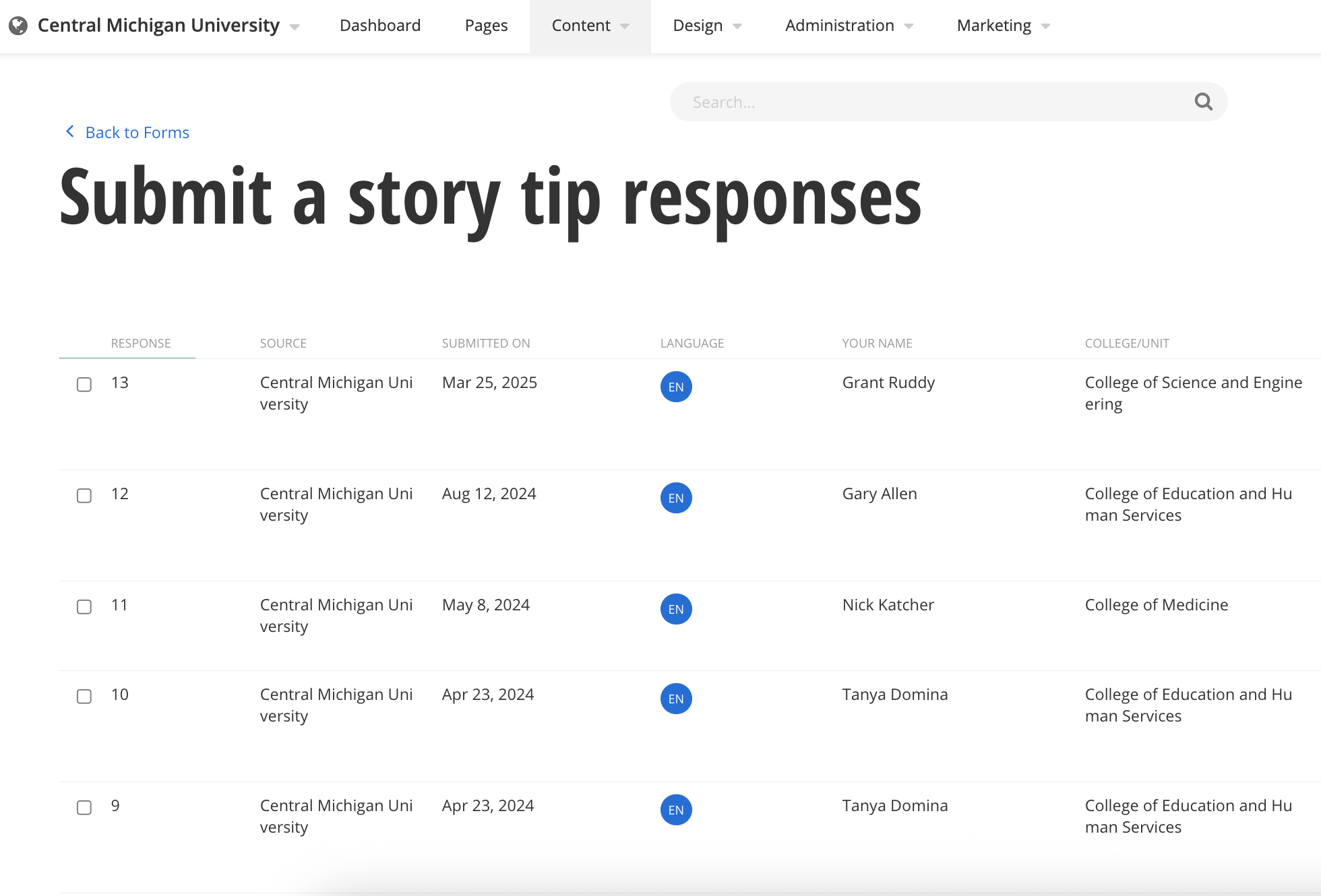 A screenshot showing the form responses screen in Sitefinity.