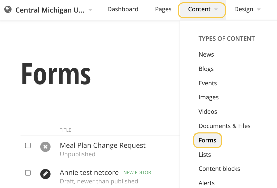 A screenshot of the top navigation in Sitefinity with gold boxes around the Content and Forms sections.