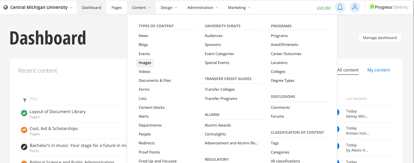 dashboard of sitefinity with content tab open and images highlighted