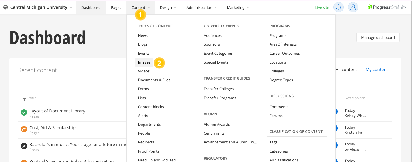 sitefinity dashboard open with content dropdown open and images highlighted, a gold circle with a white number one is by Content, and a gold circle with a white number two is by Images