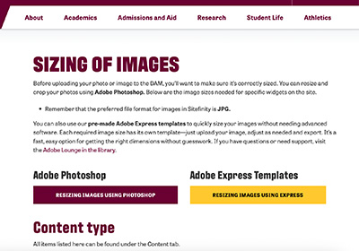 A screenshot of the image sizes page in Sitefinity.