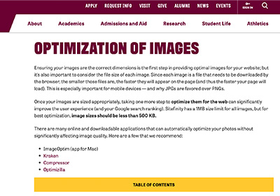 A screenshot of the image optimization page in Sitefinity.