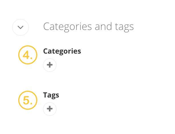 A screenshot of the news page backend in Sitefinity with the category and tag fields labels with 4 and 5 respectively in gold.