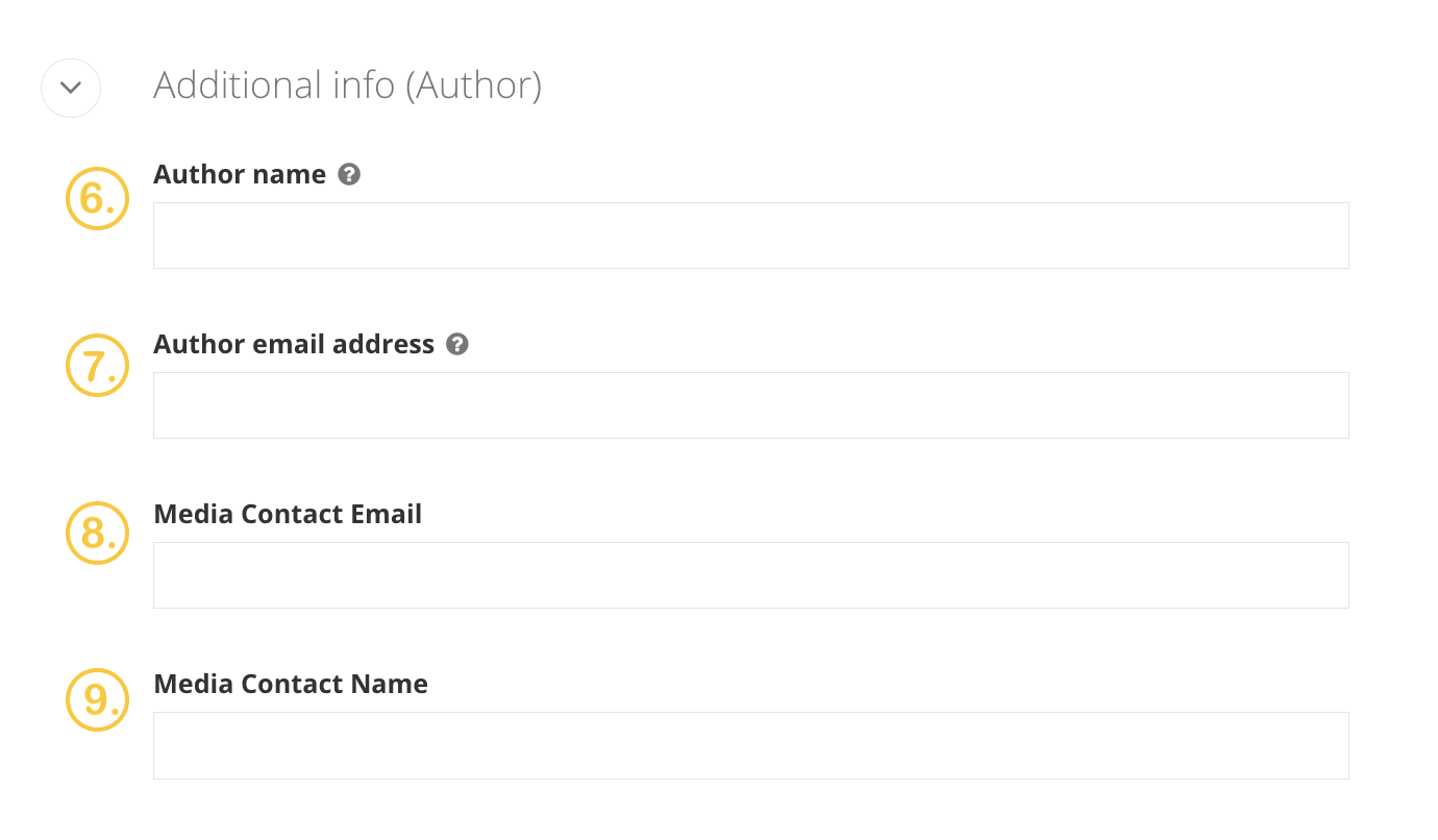 A screenshot of the backend of the news page in Sitefinity with sections labeled 6-9 with gold numbers