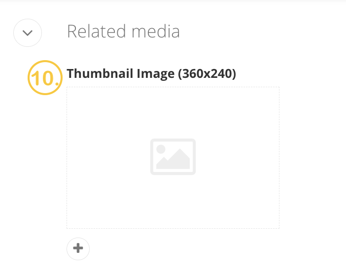 A screenshot of the news page backend in Sitefinity showing the related media section with a gold 10 next to the thumbnail image field.
