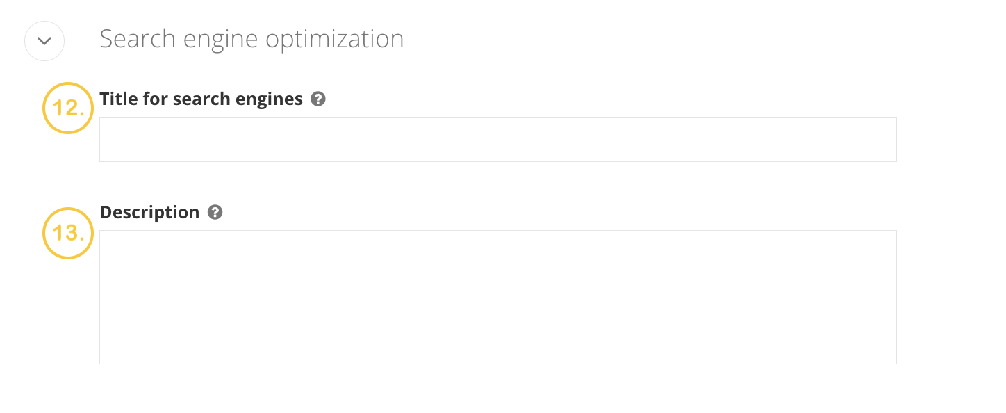 A screenshot of the search engine optimization section in the news page backend in Sitefinity. The numbers 12 and 13 next to Title for search engines and description.