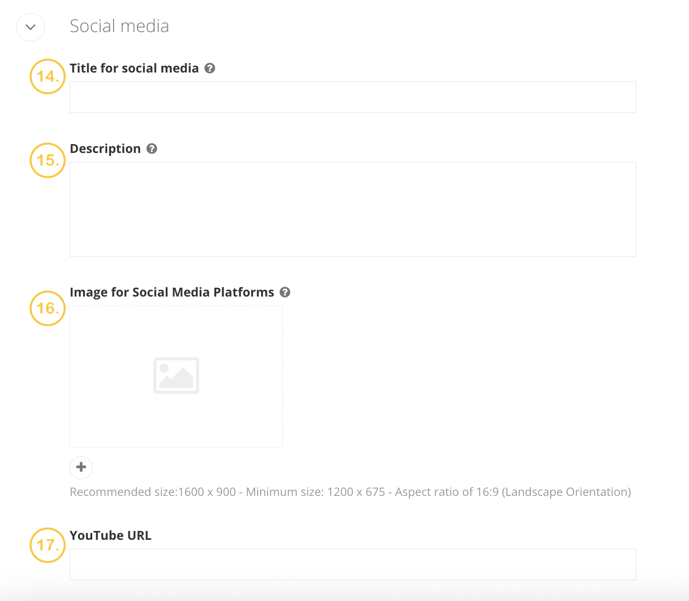 A screenshot of the social media section of the news page backend in Sitefinity. The fields are labeled 14 through 17 in gold numbers.