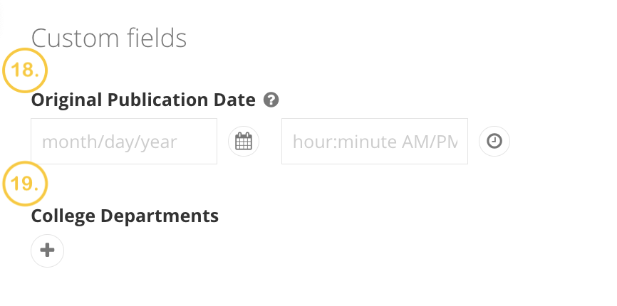 A screenshot of the news page backend in Sitefinity showing the custom fields section with gold numbers 18 and 19.