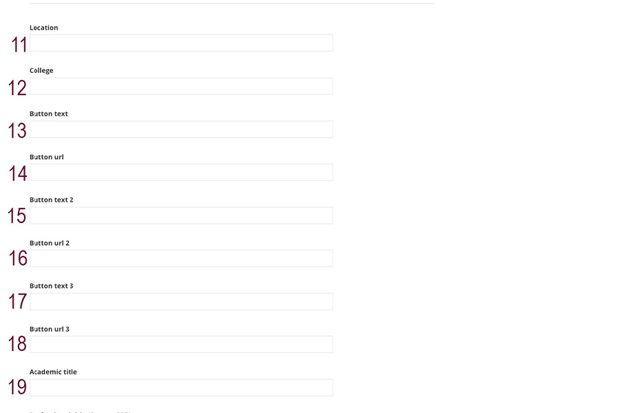 A screenshot showing the people profile fields in the backend numbered 11-19 in maroon.