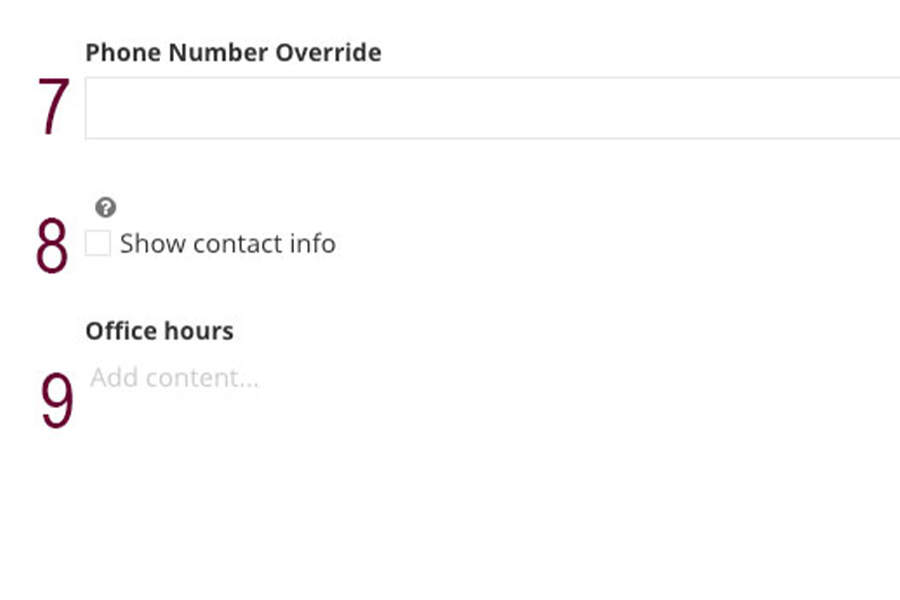 A screenshot of the people page fields, numbered 7-9 in maroon.