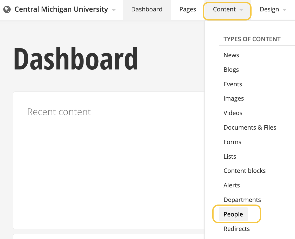 A screenshot showing the top navigation of Sitefinity with gold boxes around the Content and People sections.