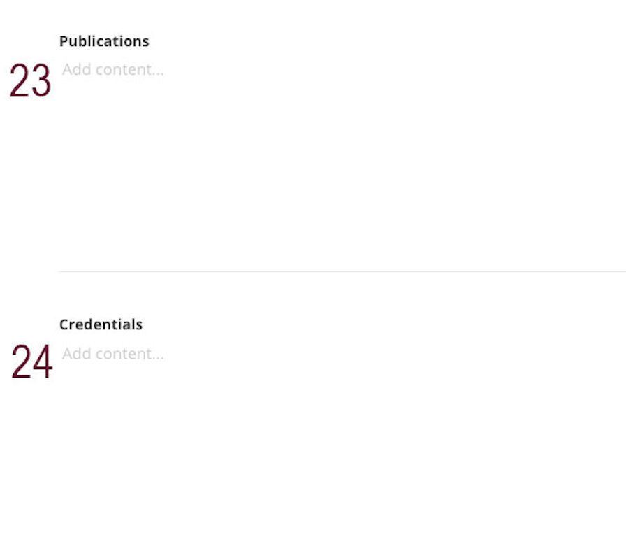 A screenshot of the publications and credentials fields in the people profile backend in Sitefinity with maroon 23 and 24 next to them.