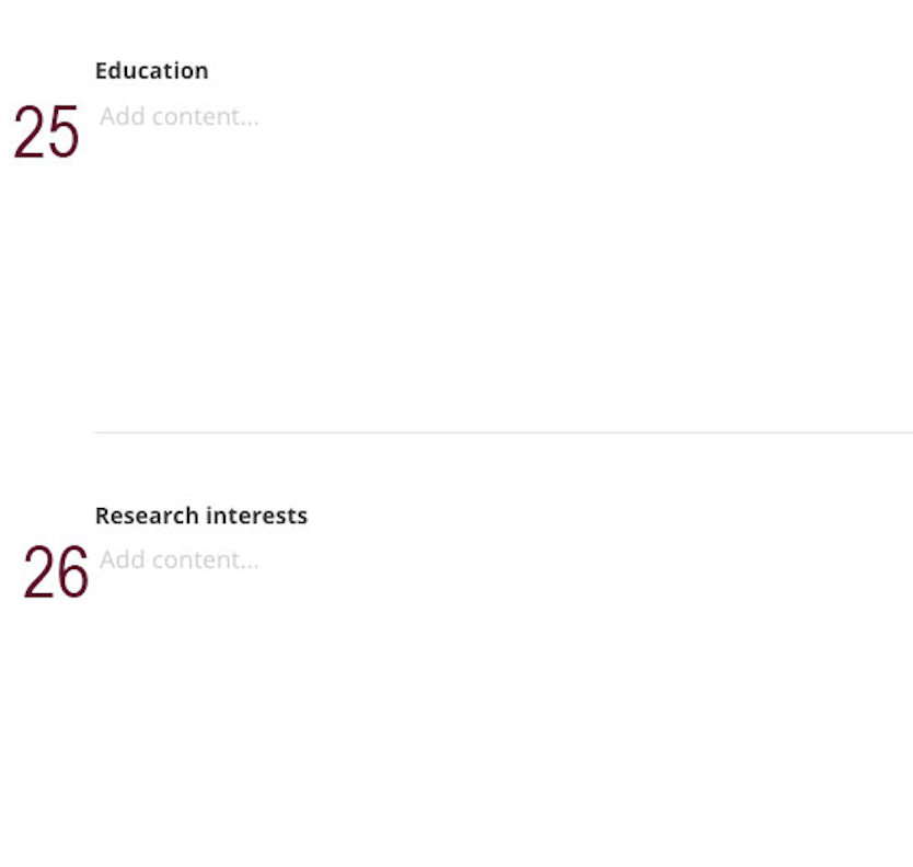 A screenshot of the education and research interests fields in the people profile backend in Sitefinity labeled with a maroon 25 and 26.