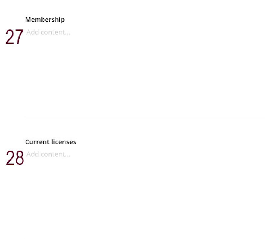 A screenshot of the membership and current licenses fields in the backend of the people profile in Sitefinity labeled with a maroon 27 and 28.