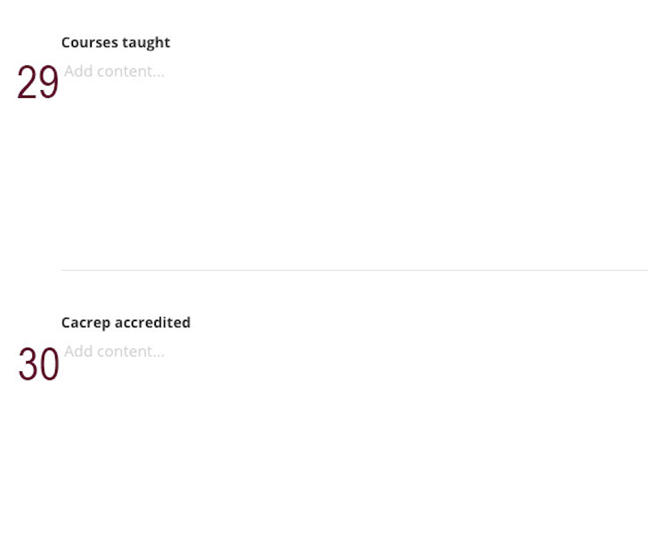 A screenshot of the courses taught and CACREP accredited fields in the backend of a people page in Sitefinity labeled with a maroon 29 and 30.