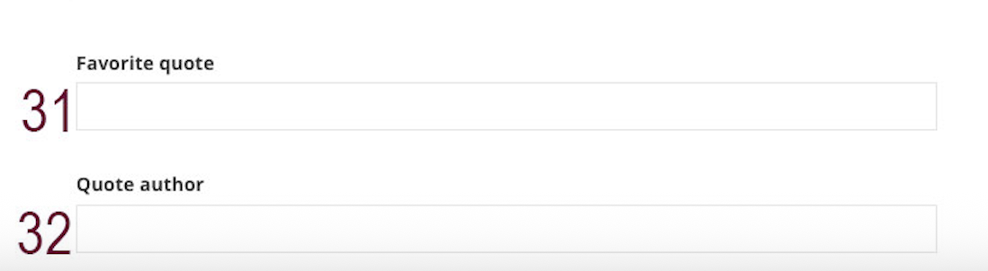 A screenshot of the favorite quote and quote author fields in the backend of a people page in Sitefinity labeled with a maroon 31 and 32.