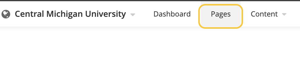 A screenshot of the top navigation in Sitefinity's back end with a gold box around the Pages tab.