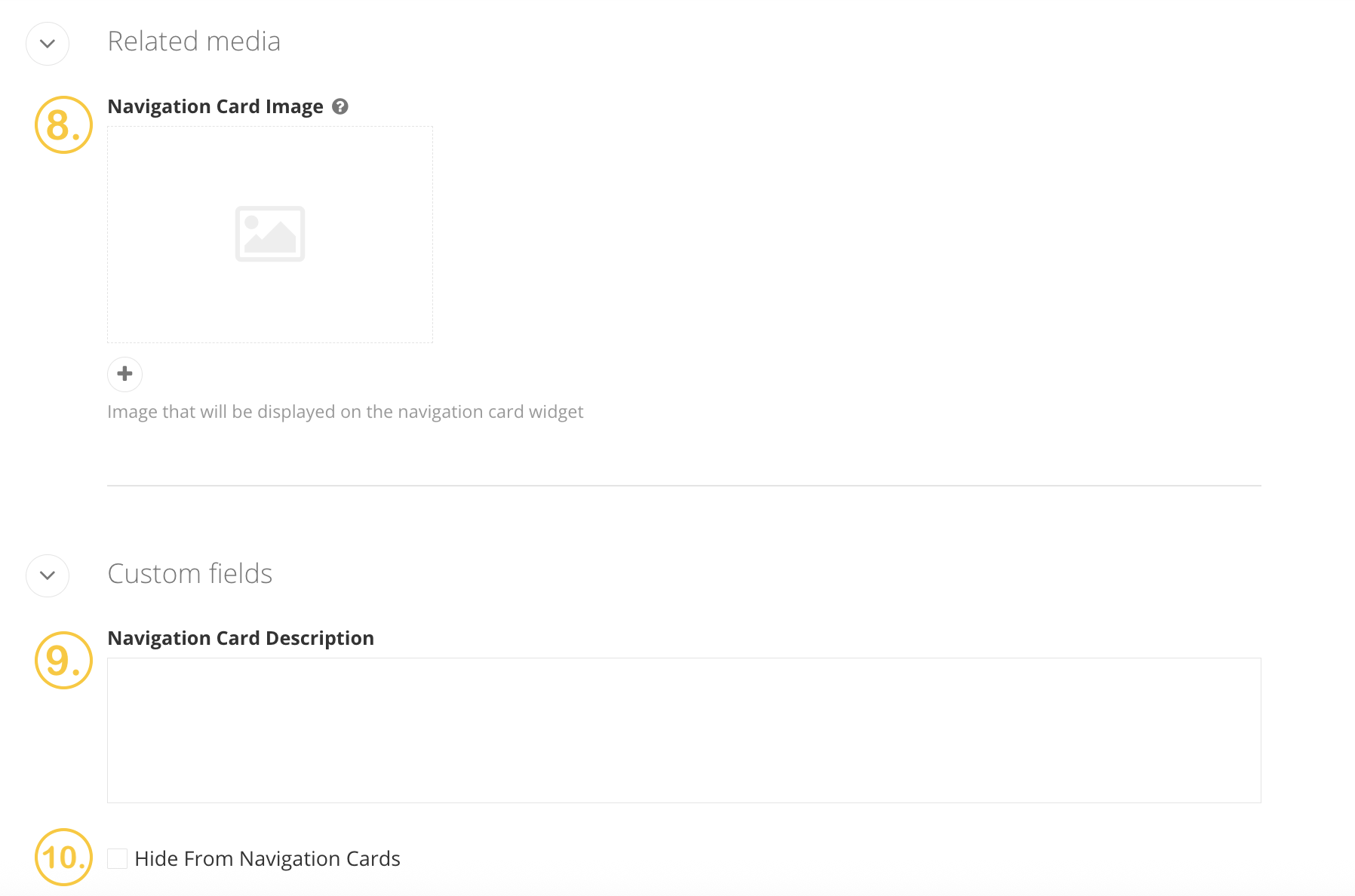 A screenshot of the title and properties section of a webpage in Sitefinity showing the navigation card section.