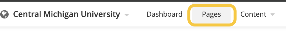A screenshot showing the navigation bar in Sitefinity with a gold box around the word Pages.