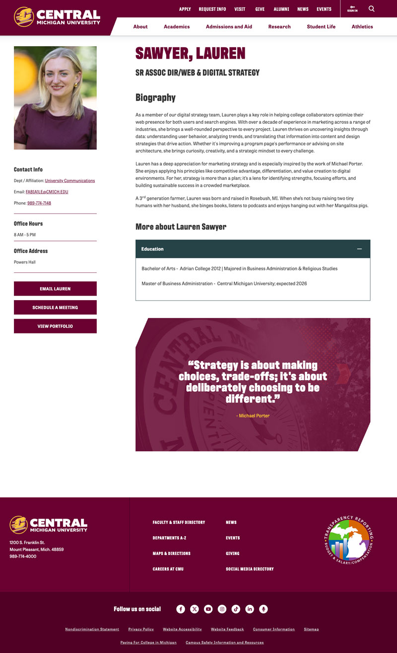 Example image of a people profile on the cmich.edu website