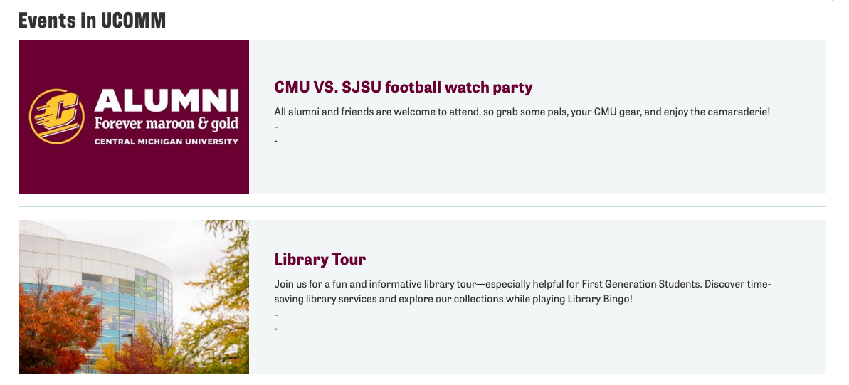 Screenshot of events list widget to show how there is a title, image, and detail of explaining what the event is.