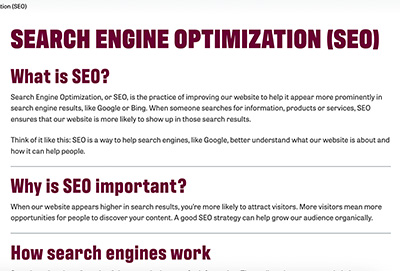 A screenshot showing the Search Engine Optimization page of the playbook.