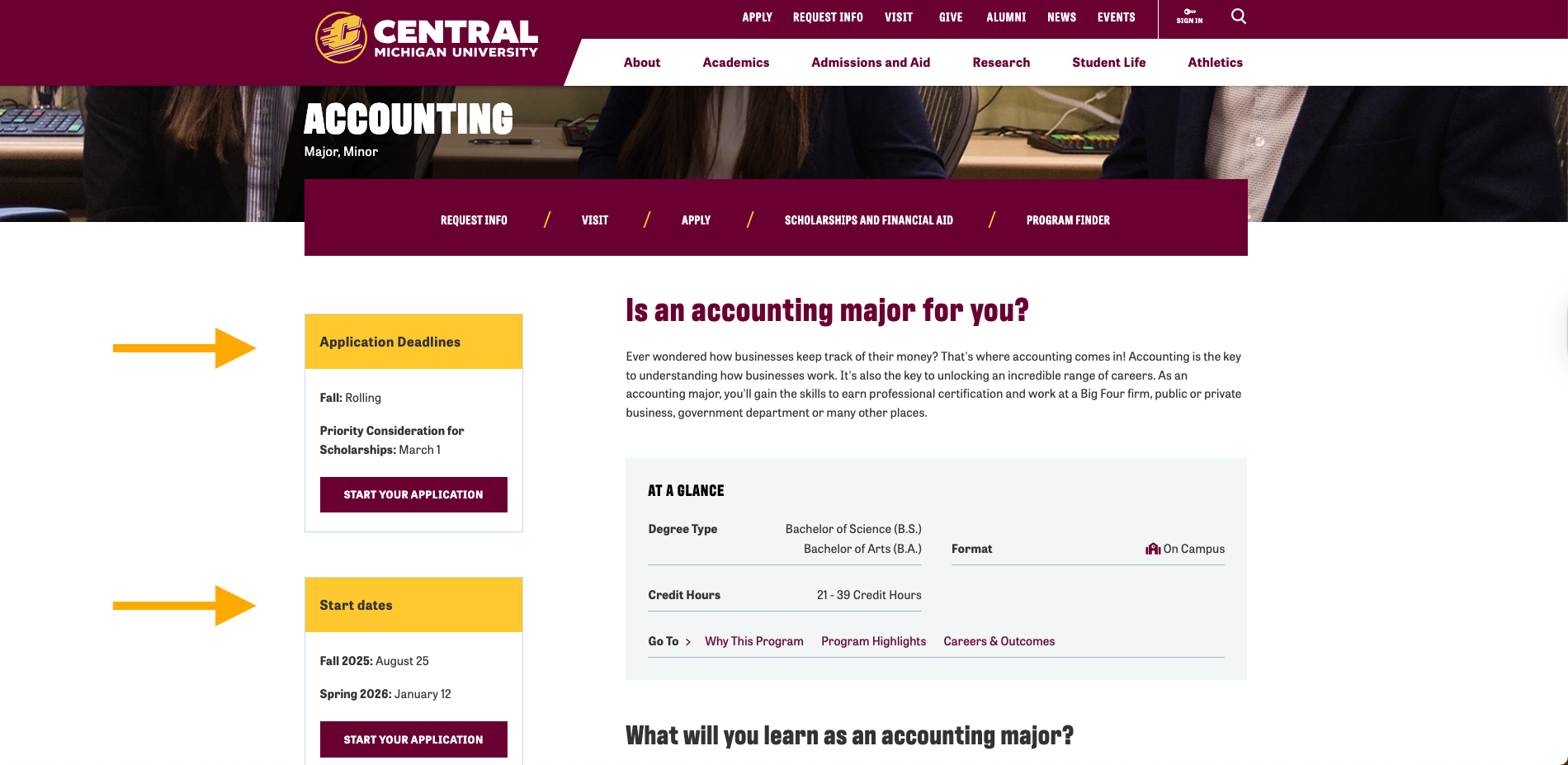 Screenshot of the Accounting program page too show how on desktop, the sidebar is at the top of the page, but for mobile it moves to the bottom.