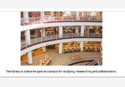 screenshot of an image with a line of text underneath. the image is the inside of the Park Library and the line of text is The library is a favorite spot on campus for studying, researching and collaboration.