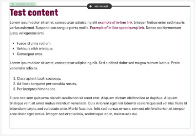 A screen capture of the content block widget in NETcore Sitefinity system, showing a maroon heading of test content, a paragraph of lorem ipsum filler test, and examples of bulleted and numbered list features