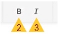 a bold, capital B with maroon and gold label 2 beneath it, next to an italicized, capital I with maroon and gold label 3 beneath it
