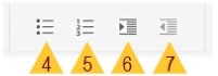 3 vertical dots next to 3 horizontal lines labeled 4 beneath, numbers 1 2 and 3 next to 3 horizontal lines labeled 5 beneath, lines wrapped around triangle pointing right labeled 6, lines wrapped around triangle pointing left labeled 7