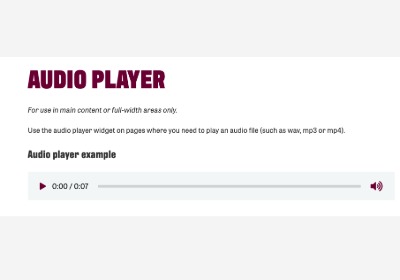 screen grab of an audio player widget. maroon heading reads audio player, text lines below say to use the widget in main content or full width areas and to use files like wav, mp three or mp four