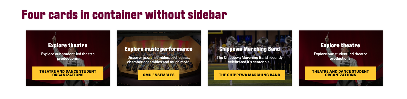 Example of image card callout widget. maroon heading reads our cards in container without sidebar