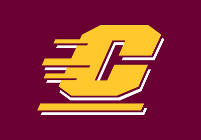 Central Michigan University Action C in gold with a white drop shadow against a maroon background.