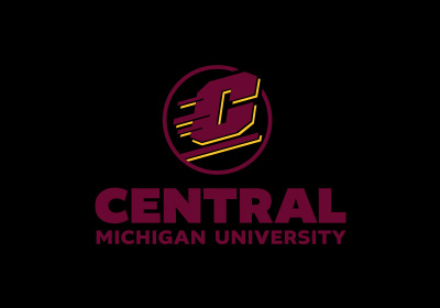 CMU Action C Combination mark vertical example, a maroon Action C with gold drop shadow lines are located above the words “Central Michigan University