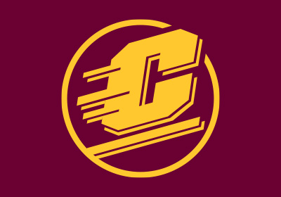 Central Michigan University Action C Circle in gold color on a maroon background.