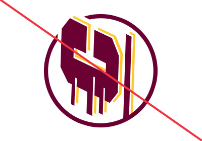 Central Michigan University Action C Circle incorrect uses, a maroon action c with gold drop shadow is angled at about 75 degrees with a red diagonal line running from upper left corner to bottom right corner, all placed on a white background.