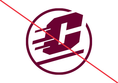 Central Michigan University Action C Circle incorrect uses, a maroon action c with no drop shadow with a red diagonal line running from upper left corner to bottom right corner, all placed on a white background.