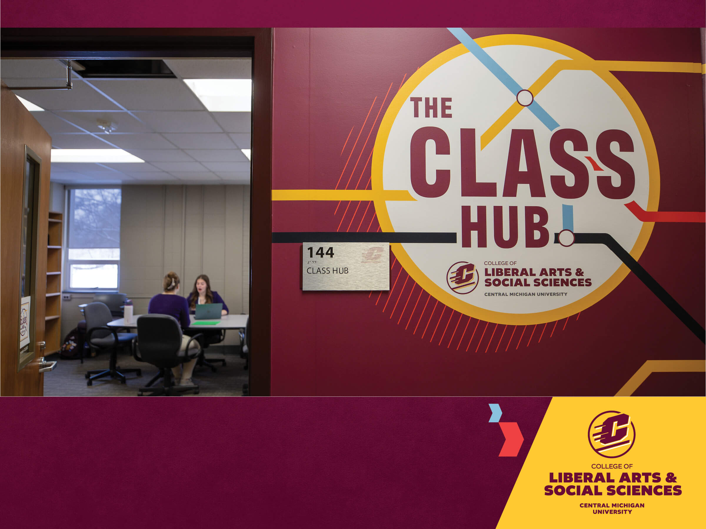 zoomed in look of the class hub spirit mark with students working in the background