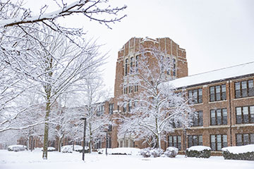 An image of Warriner Hall covered in snow, taken in January 2024.