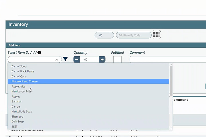 A screenshot of a computer with a dropdown menu listing types of foods