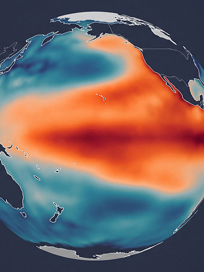 An image of Earth showing the Pacific Ocean with a large swath of red stretching across it