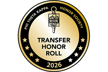 A gold and black badge that reads Phi Theta Kappa Honor Society across the top and Transfer Honor Roll in the center with 2026 centered on the bottom