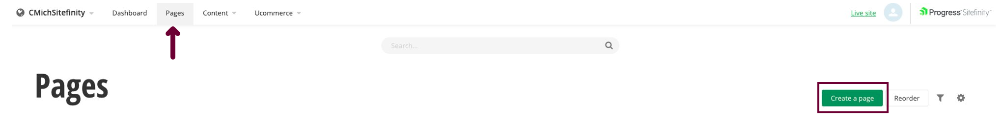 Pages tab in the header of Sitefinity.