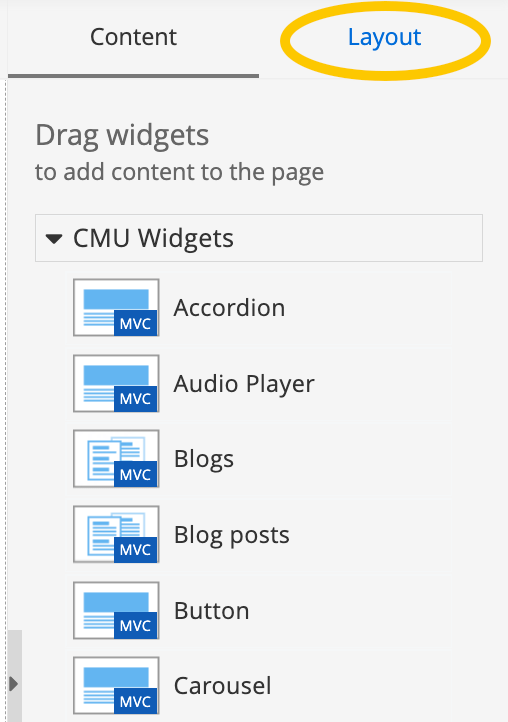 A screenshot of the backend of Sitefinity showing the content and layout sections. There is a gold circle around the word Layout.