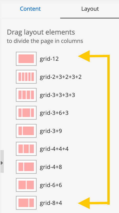 A screenshot of the backend of Sitefinity showing the Layout menu showing the grid layouts.