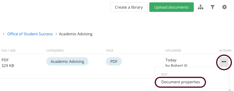To edit properties of a document already in the DAM, use the action ellipsis to find 