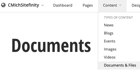 Screen capture of Sitefinity Content tab for documents and files