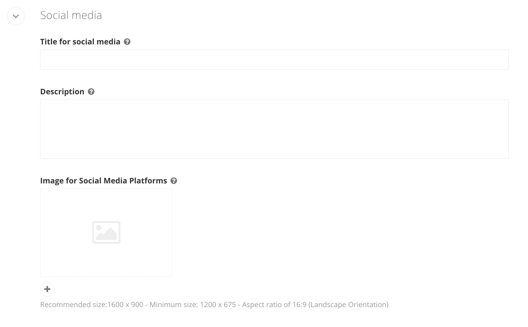 Social media fields (required); 500x600 social images is optional