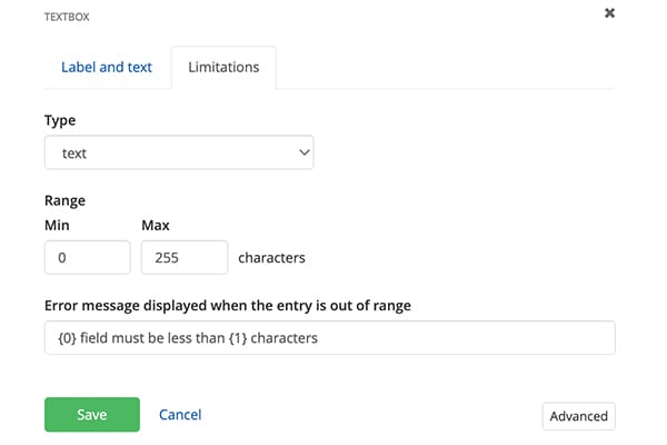A screenshot of the Sitefinity form's textbox widget's limitations screen.